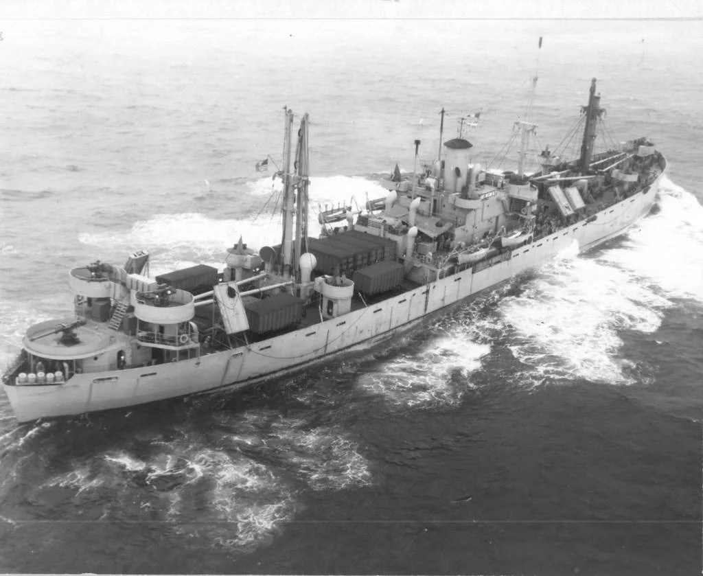 The SS James Whitcomb Riley showing the defences Louis would have manned on his voyage.